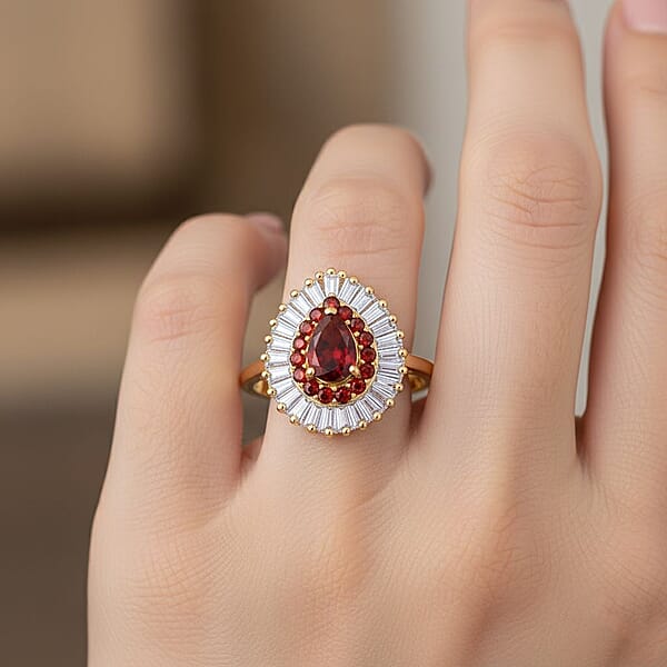 D'Joy Mexican Cherry Fire Opal Moissanite Ring In 18K Vermeil YG Over Sterling Silver 1.65 Ctw