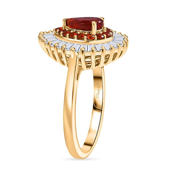 D'Joy Mexican Cherry Fire Opal Moissanite Ring In 18K Vermeil YG Over Sterling Silver 1.65 Ctw
