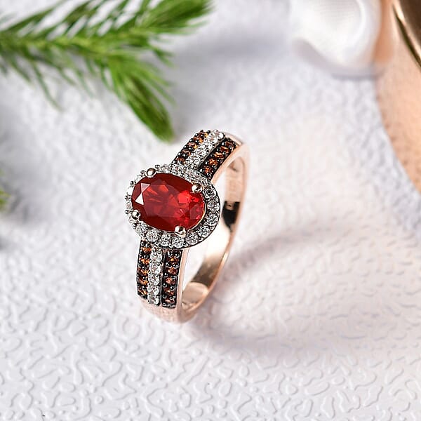 D'Joy Mexican Cherry Fire Opal White And Champagne Zircon 1.35 Ctw Art Deco Ring In 18K Vermeil Rose Gold Over Sterling Silver