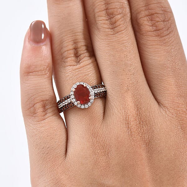 D'Joy Mexican Cherry Fire Opal White And Champagne Zircon 1.35 Ctw Art Deco Ring In 18K Vermeil Rose Gold Over Sterling Silver