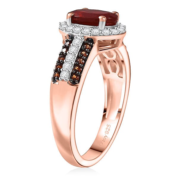 D'Joy Mexican Cherry Fire Opal White And Champagne Zircon 1.35 Ctw Art Deco Ring In 18K Vermeil Rose Gold Over Sterling Silver