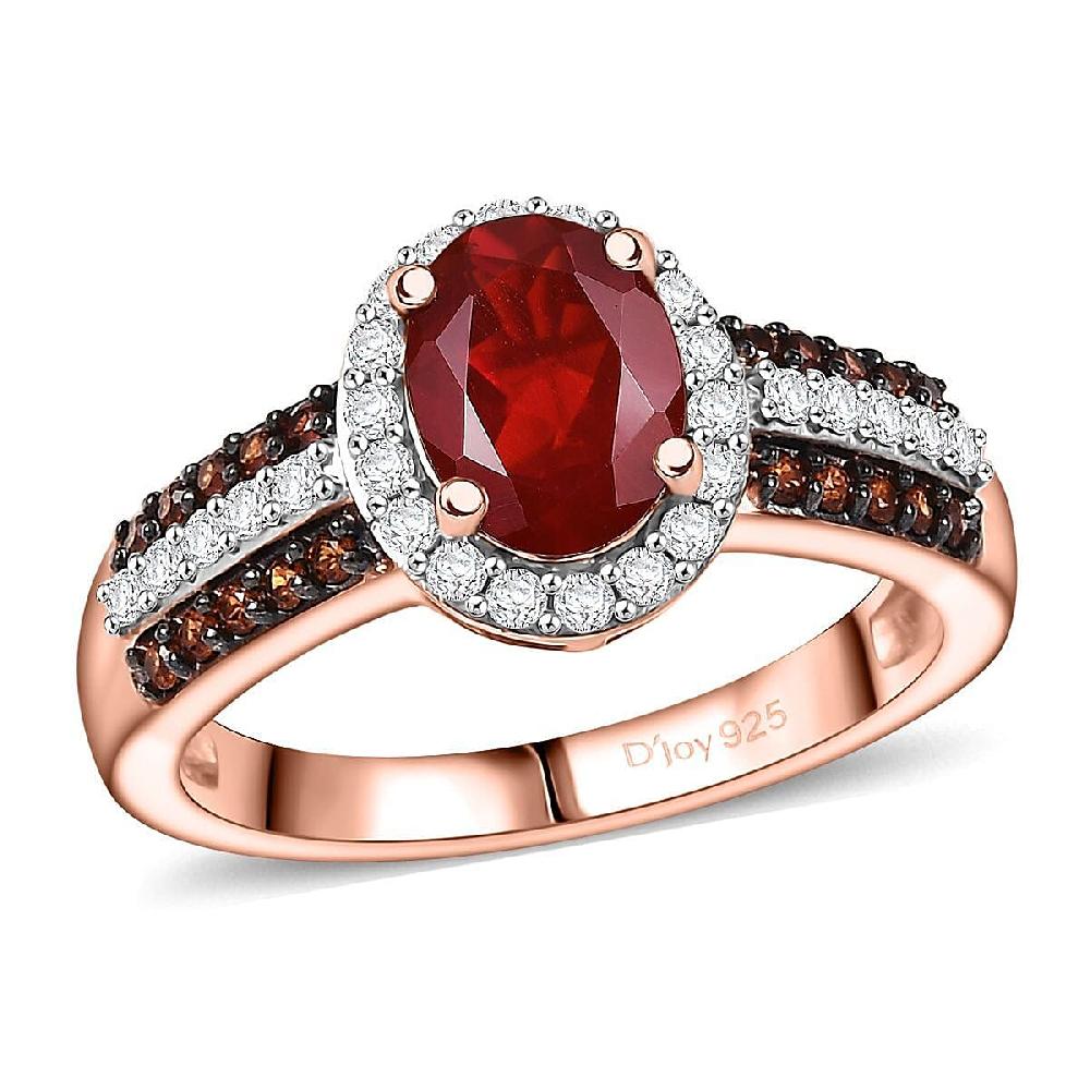 D'Joy Mexican Cherry Fire Opal White and Champagne Zircon 1.35 ctw Art Deco Ring in 18K Vermeil Rose Gold Over Sterling Silver