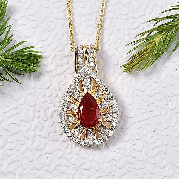 D'Joy Mexican Fire Opal And Moissanite 1.00 Ctw Art Deco Pendant Necklace In 18K Vermeil Yellow Gold Over Sterling Silver 20 Inches