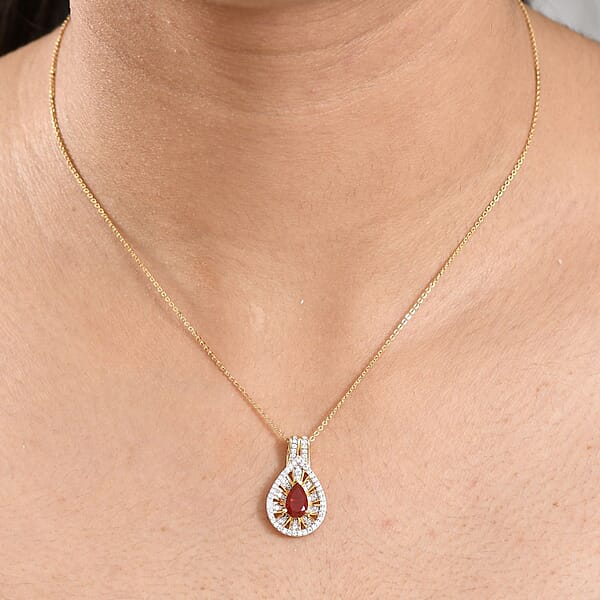 D'Joy Mexican Fire Opal And Moissanite 1.00 Ctw Art Deco Pendant Necklace In 18K Vermeil Yellow Gold Over Sterling Silver 20 Inches