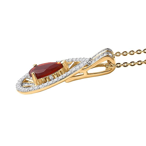 D'Joy Mexican Fire Opal And Moissanite 1.00 Ctw Art Deco Pendant Necklace In 18K Vermeil Yellow Gold Over Sterling Silver 20 Inches