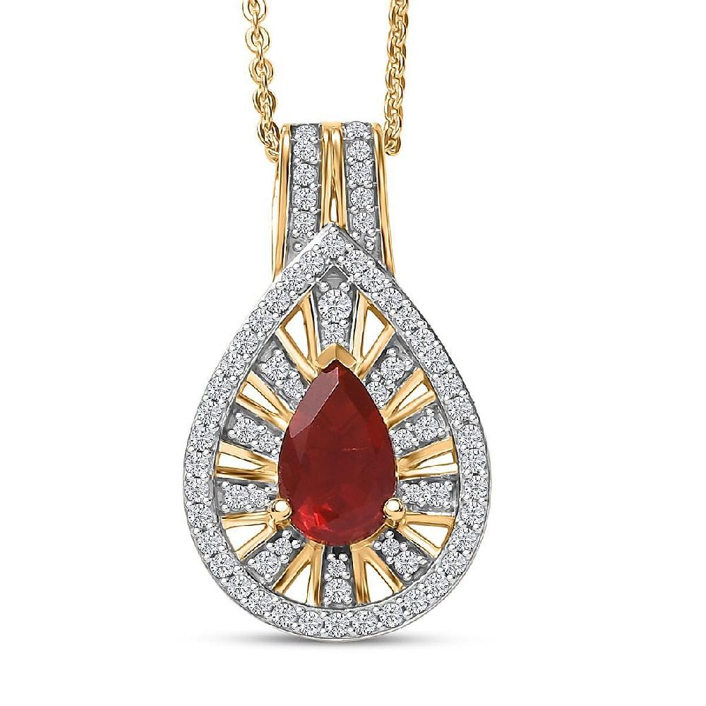 D'Joy Mexican Fire Opal and Moissanite 1.00 ctw Art Deco Pendant Necklace in 18K Vermeil Yellow Gold Over Sterling Silver 20 Inches