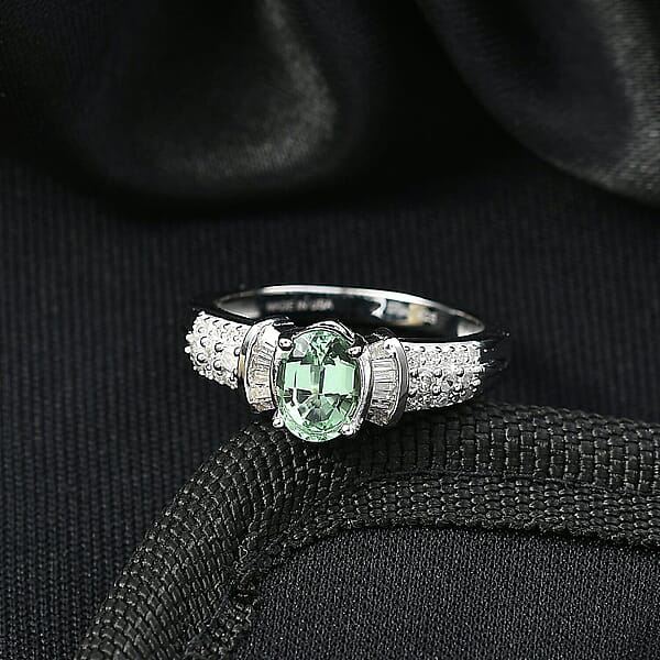 D'Joy Mint Tourmaline Diamond Ring In Rhodium Over Sterling Silver 1.10 Ctw