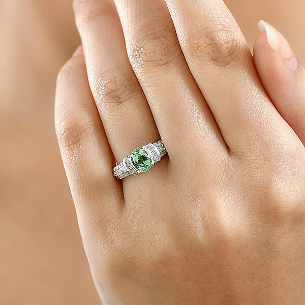 D'Joy Mint Tourmaline Diamond Ring In Rhodium Over Sterling Silver 1.10 Ctw