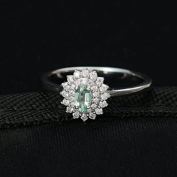D'Joy Mint Tourmaline Moissanite Ring In Rhodium Over Sterling Silver 0.60 Ctw