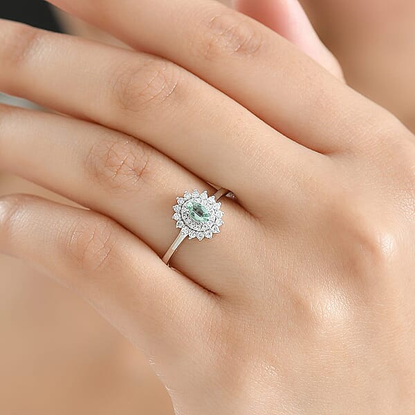 D'Joy Mint Tourmaline Moissanite Ring In Rhodium Over Sterling Silver 0.60 Ctw