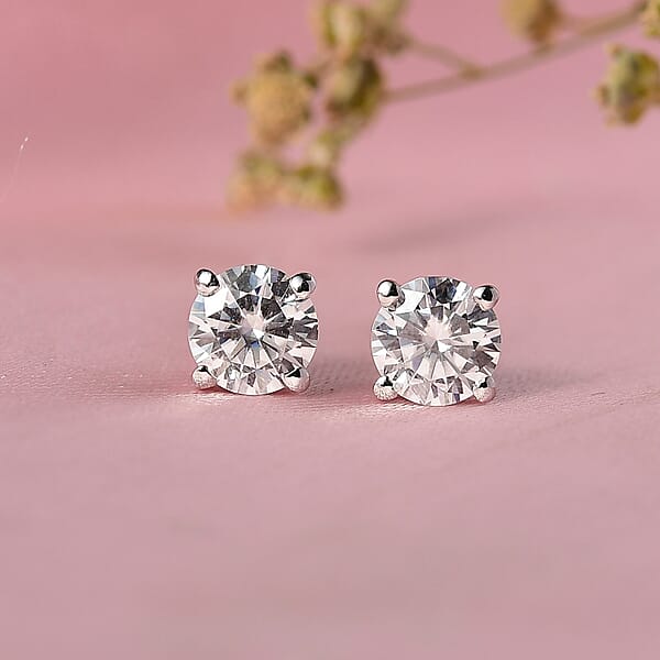 D'Joy Moissanite 0.90 Ctw Solitaire Stud Earrings In Rhodium Over Sterling Silver