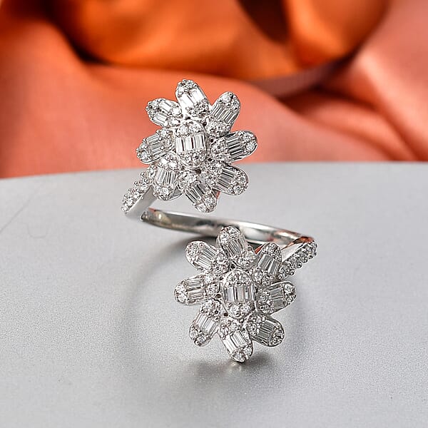 D'Joy Moissanite 1.10 Ctw Twin Flower Ring In Rhodium Over Sterling Silver