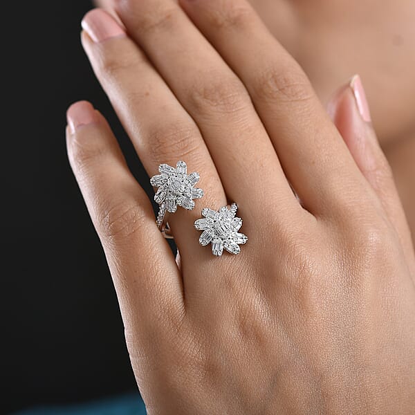 D'Joy Moissanite 1.10 Ctw Twin Flower Ring In Rhodium Over Sterling Silver