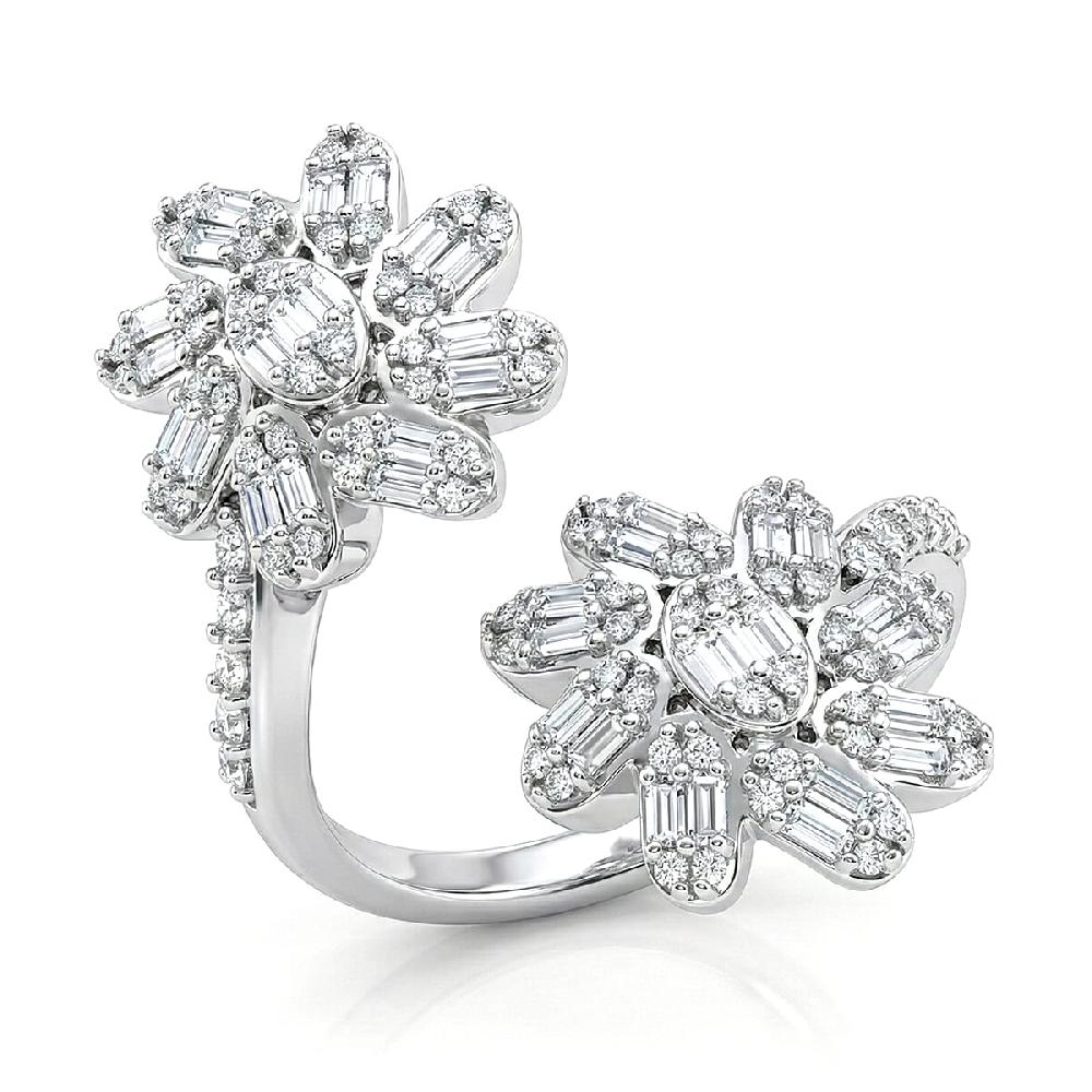D'Joy Moissanite 1.10 ctw Twin Flower Ring in Rhodium Over Sterling Silver