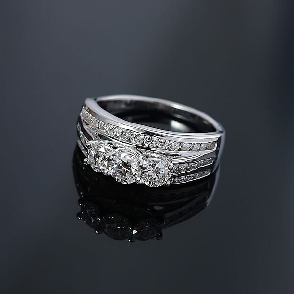 D'Joy Moissanite 1.65 Ctw Trinity Ring In Rhodium Over Sterling Silver