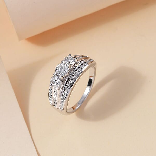 D'Joy Moissanite 1.65 Ctw Trinity Ring In Rhodium Over Sterling Silver