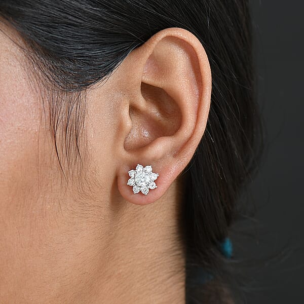D'Joy Moissanite 1.75 Ctw Floral Earrings In Rhodium Over Sterling Silver