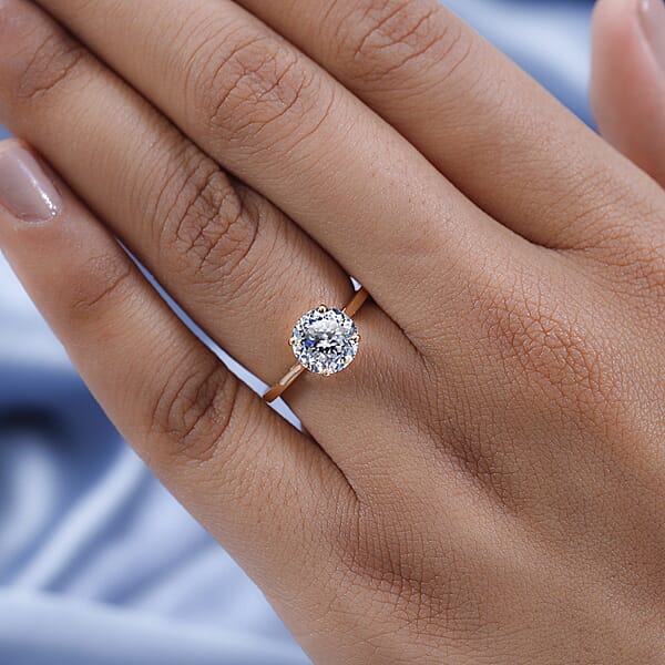 D'Joy Moissanite 1.85 Ctw Solitaire Ring In 18K Vermeil Rose Gold Over Sterling Silver (Size 6.5)