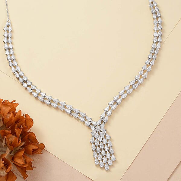 D'Joy Moissanite 19.35 Ctw Waterfall Necklace In Rhodium Over Sterling Silver 18 Inches