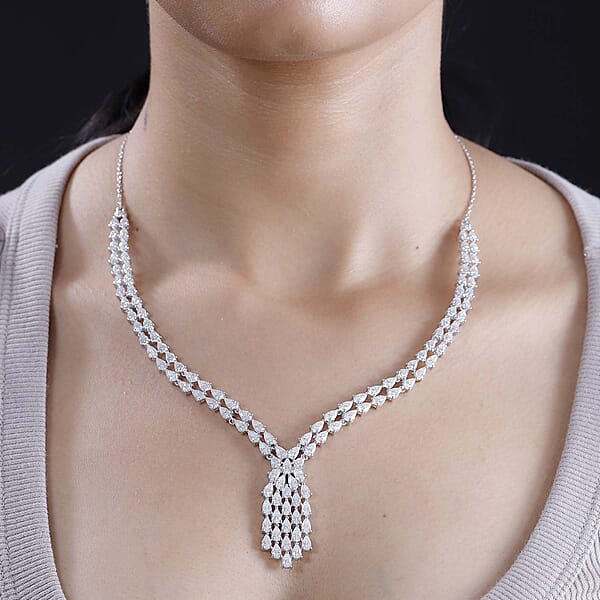 D'Joy Moissanite 19.35 Ctw Waterfall Necklace In Rhodium Over Sterling Silver 18 Inches