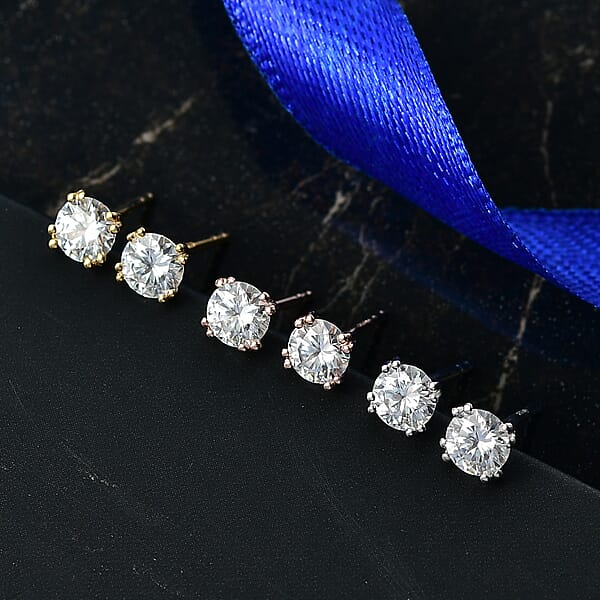 D'Joy Moissanite 2.60 Ctw Set Of 3 Solitaire Stud Earrings In 18K Vermeil YRG And Rhodium Over Sterling Silver