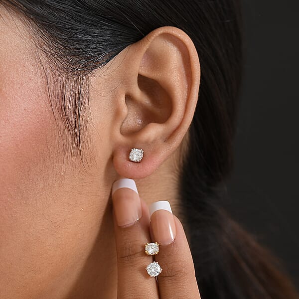 D'Joy Moissanite 2.60 Ctw Set Of 3 Solitaire Stud Earrings In 18K Vermeil YRG And Rhodium Over Sterling Silver