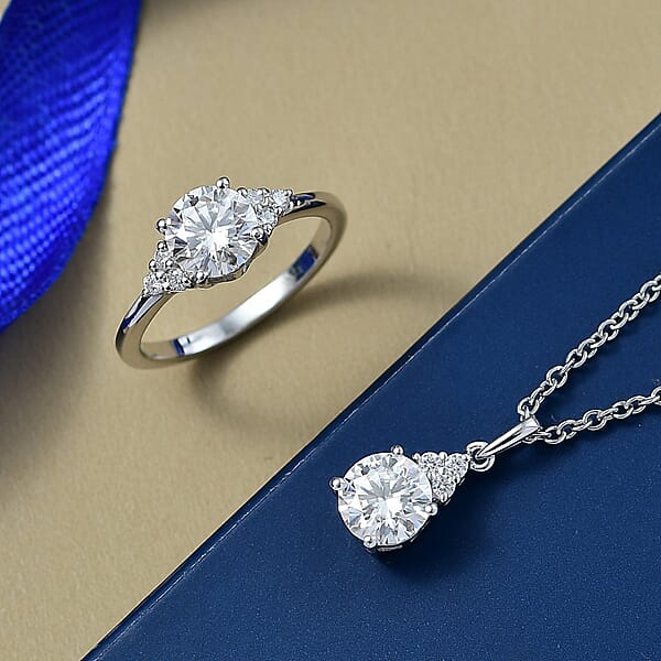D'Joy Moissanite 2.75 Ctw Classic Ring And Pendant Necklace In Rhodium Over Sterling Silver 20 Inches