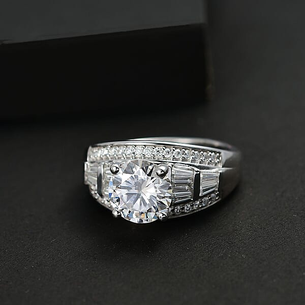 D'Joy Moissanite 3.10 Ctw Art Deco Ring In Rhodium Over Sterling Silver