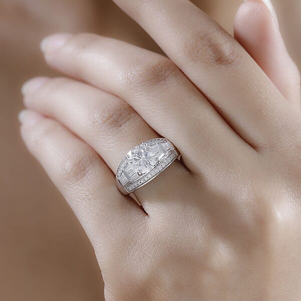 D'Joy Moissanite 3.10 Ctw Art Deco Ring In Rhodium Over Sterling Silver