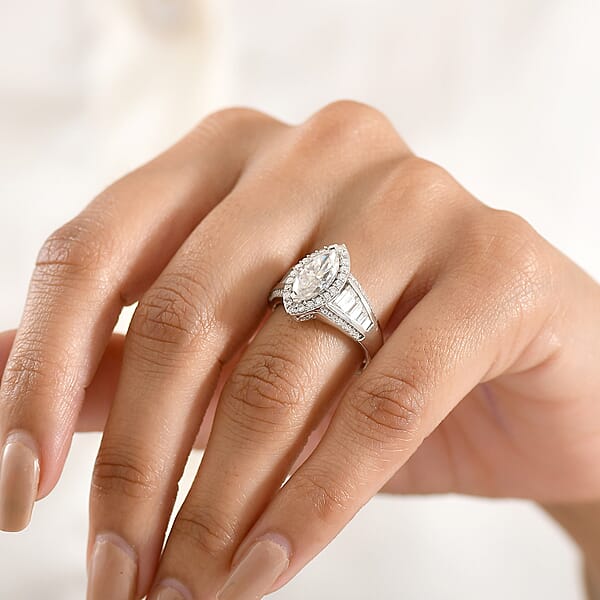 D'Joy Moissanite 3.10 Ctw Halo Royale Ring In Rhodium Over Sterling Silver