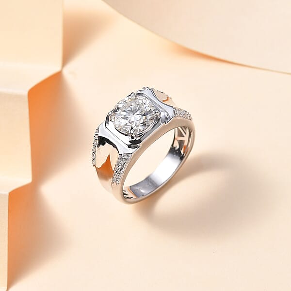 D'Joy Moissanite 3.15 Ctw Men's Ring In Rhodium Over Sterling Silver