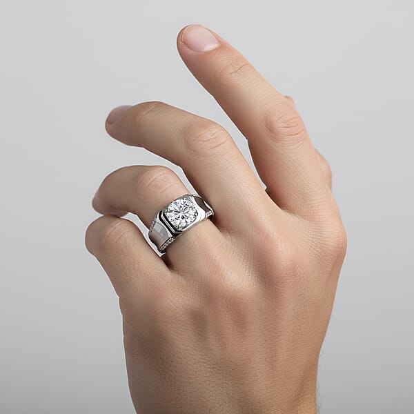D'Joy Moissanite 3.15 Ctw Men's Ring In Rhodium Over Sterling Silver