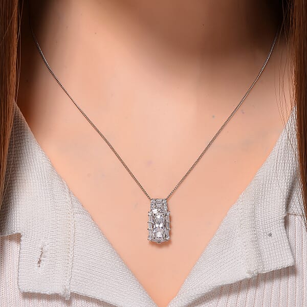 D'Joy Moissanite 3.20 Ctw Radiant Majesty Pendant Necklace In Rhodium Over Sterling Silver 20 Inches