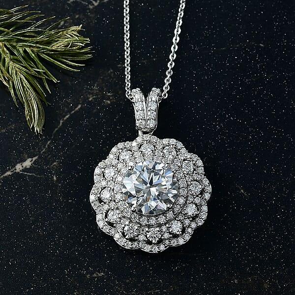 D'Joy Moissanite 4.00 Ctw Floral Halo Pendant Necklace In Rhodium Over Sterling Silver 20 Inches