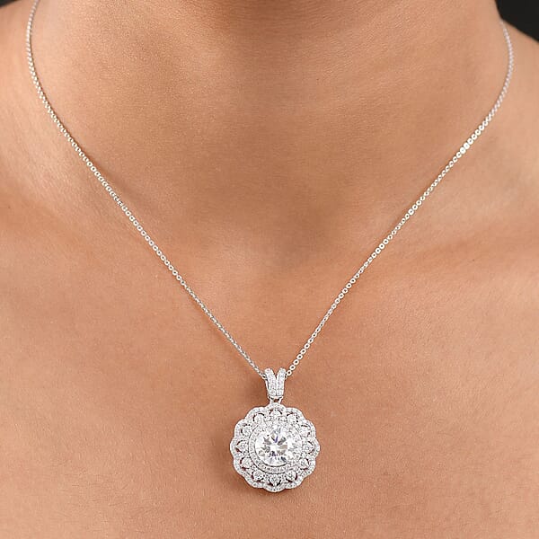 D'Joy Moissanite 4.00 Ctw Floral Halo Pendant Necklace In Rhodium Over Sterling Silver 20 Inches