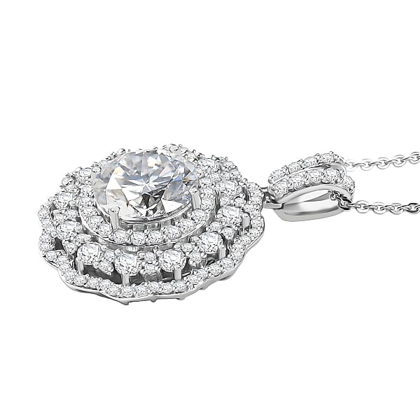 D'Joy Moissanite 4.00 Ctw Floral Halo Pendant Necklace In Rhodium Over Sterling Silver 20 Inches