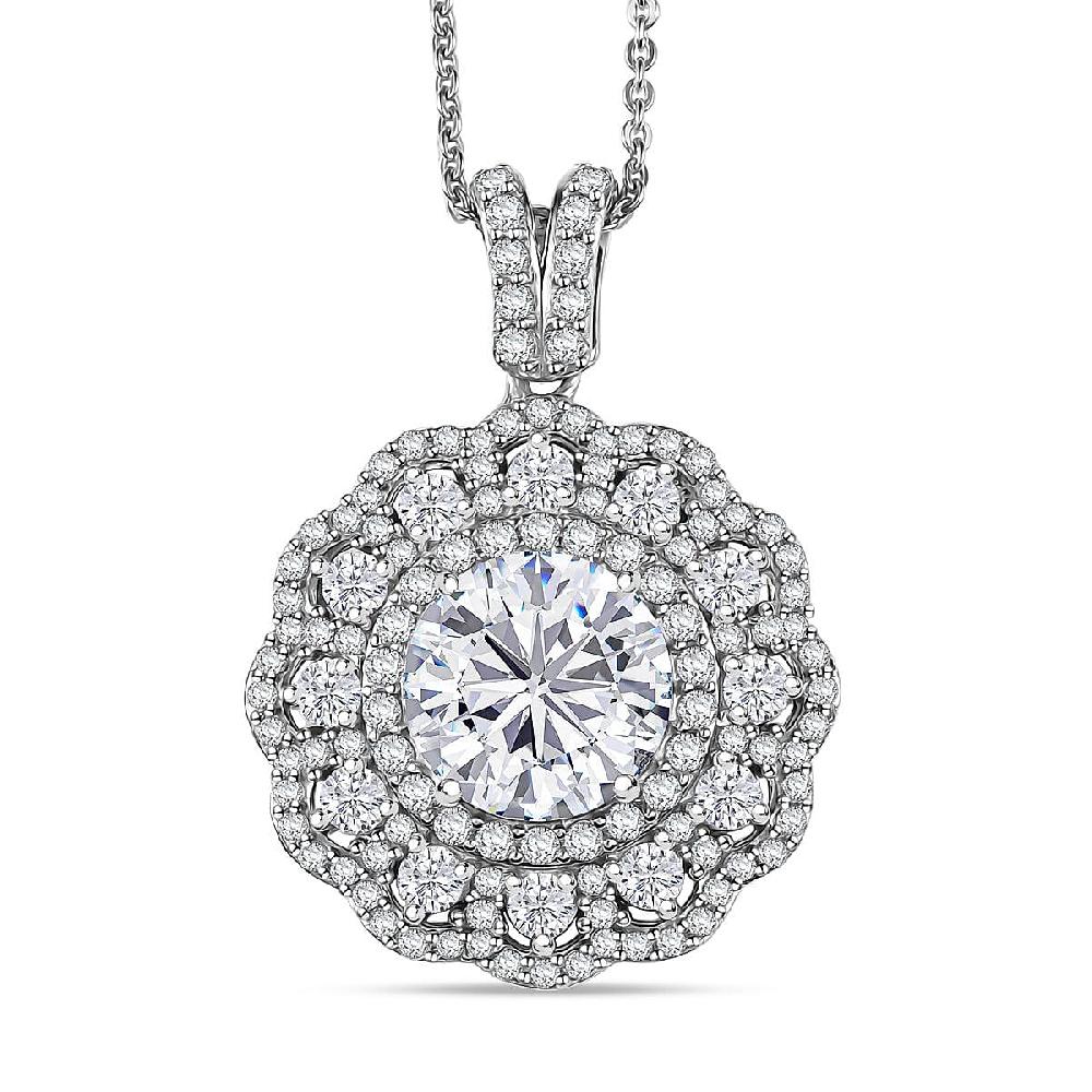 D'Joy Moissanite 4.00 ctw Floral Halo Pendant Necklace in Rhodium Over Sterling Silver 20 Inches