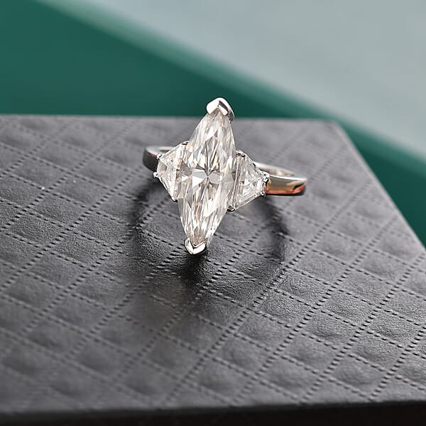 D'Joy Moissanite 4.50 Ctw Trinity Spark Ring In Rhodium Over Sterling Silver