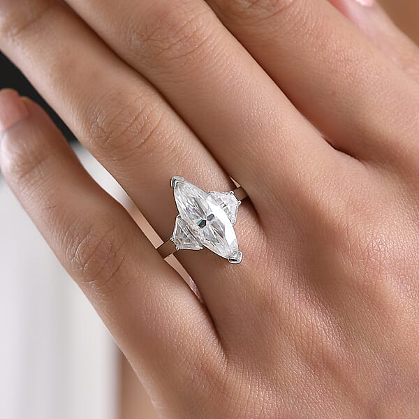 D'Joy Moissanite 4.50 Ctw Trinity Spark Ring In Rhodium Over Sterling Silver