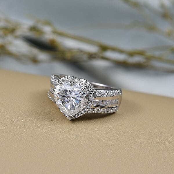 D'Joy Moissanite 4.60 Ctw Romantic Heart Ring In Rhodium Over Sterling Silver