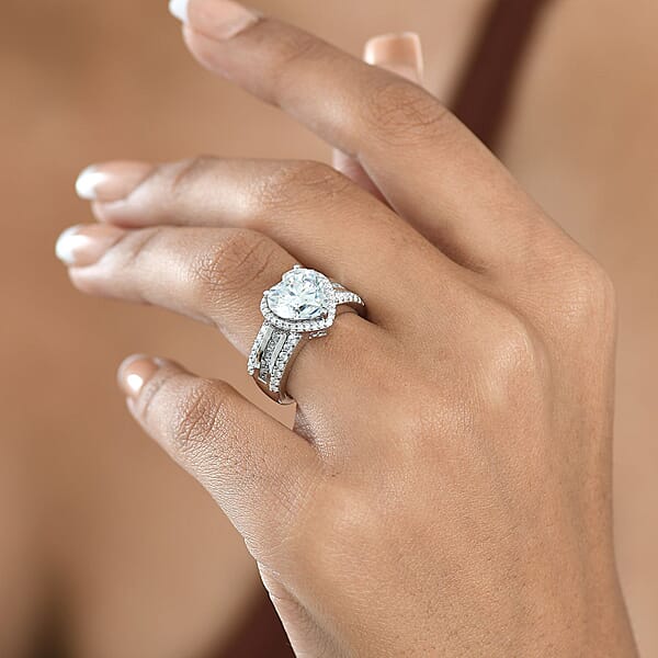 D'Joy Moissanite 4.60 Ctw Romantic Heart Ring In Rhodium Over Sterling Silver