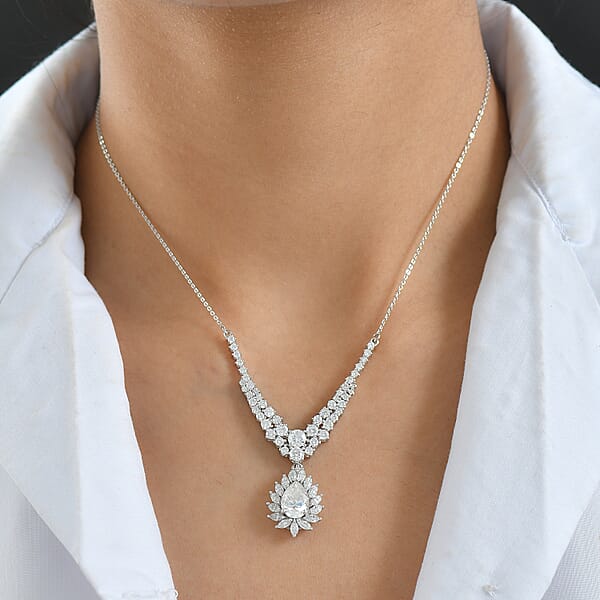 D'Joy Moissanite 4.90 Ctw Blooming Lotus Necklace In Rhodium Over Sterling Silver 18-20 Inches