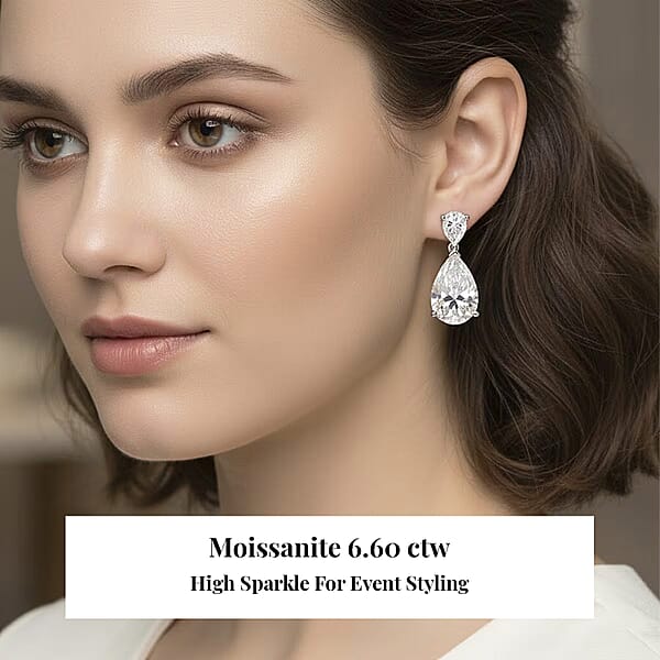 D'Joy Moissanite 6.60 Ctw Celebrity Glam Tear Drop Earrings In Rhodium Over Sterling Silver
