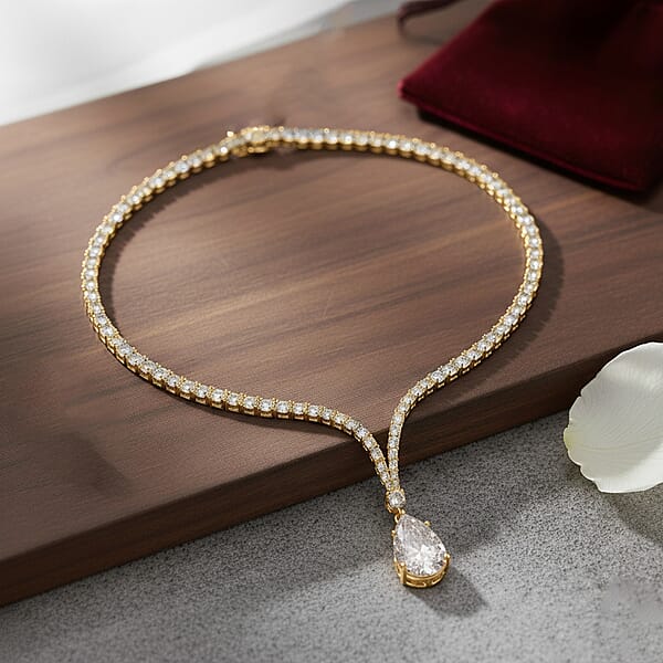 D'Joy Moissanite 60.00 Ctw Celebrity Glam Tear Drop Necklace In 18K Vermeil Yellow Gold Over Sterling Silver 18 Inches