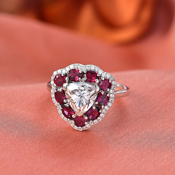 D'Joy Moissanite And Anthill Garnet 3.80 Ctw Light & Fire Ring In Rhodium Over Sterling Silver
