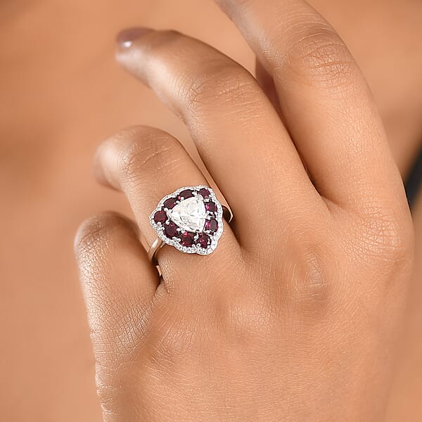 D'Joy Moissanite And Anthill Garnet 3.80 Ctw Light & Fire Ring In Rhodium Over Sterling Silver