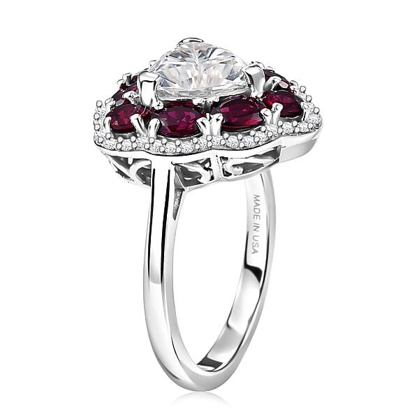 D'Joy Moissanite And Anthill Garnet 3.80 Ctw Light & Fire Ring In Rhodium Over Sterling Silver