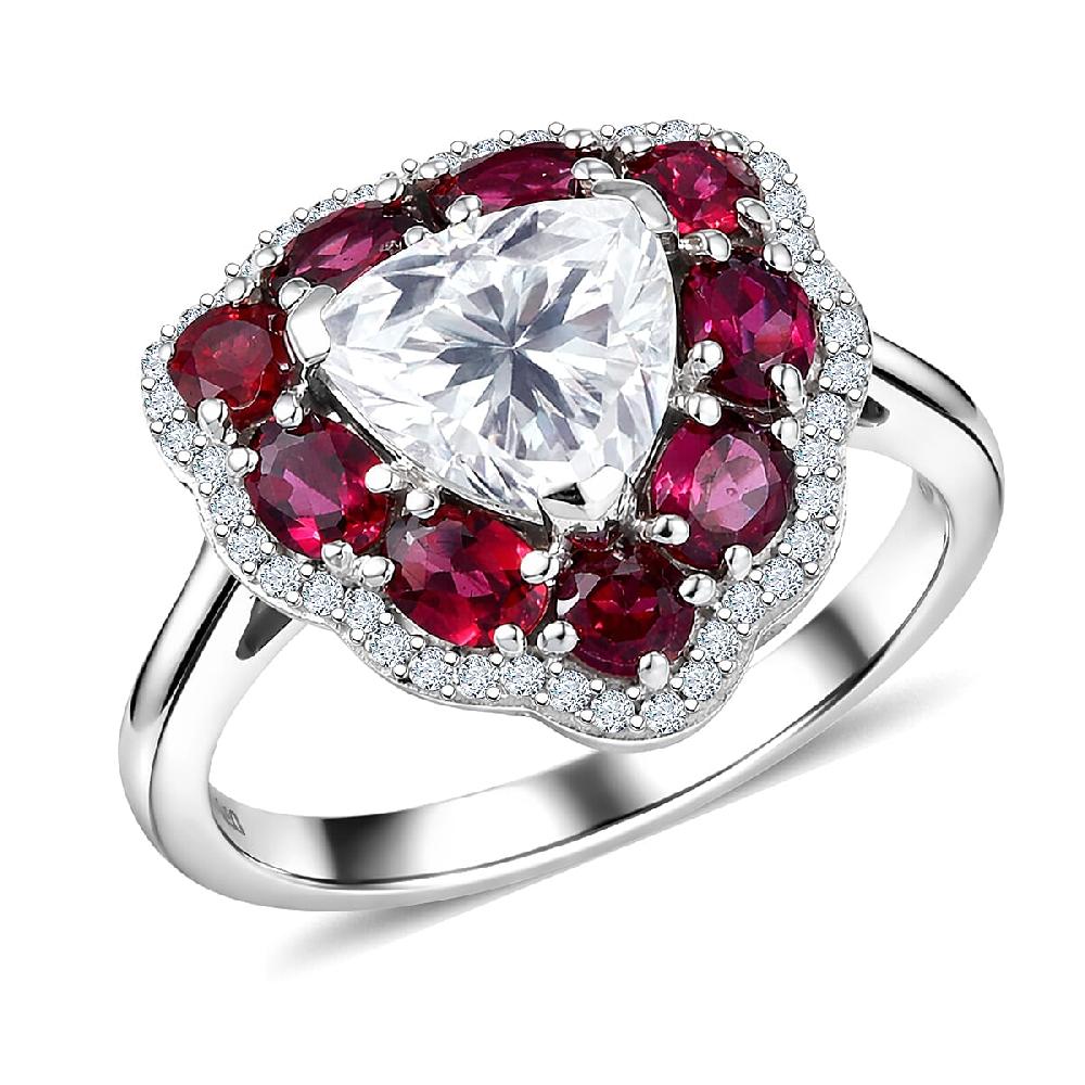 D'Joy Moissanite and Anthill Garnet 3.80 ctw Light & Fire Ring in Rhodium Over Sterling Silver