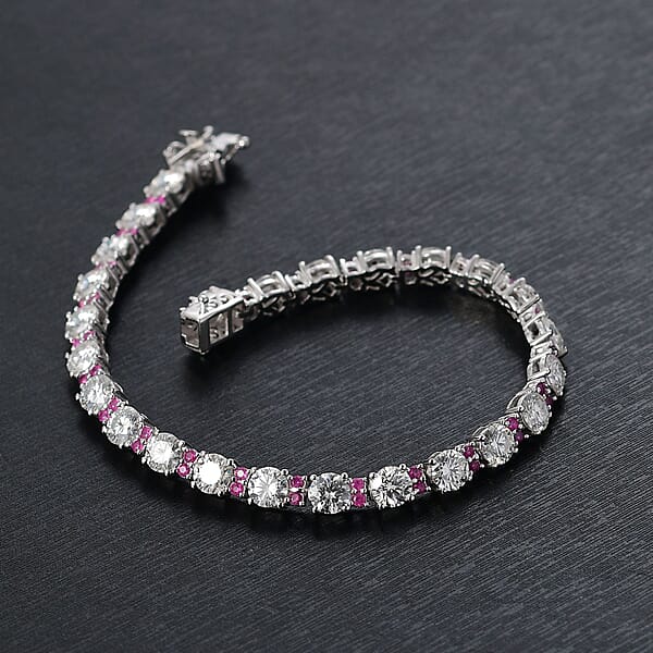 D'Joy Moissanite And Madagascar Pink Sapphire 12.00 Ctw Dream Weaver Bracelet In Rhodium Over Sterling Silver (7.25 In)