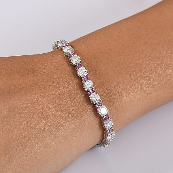 D'Joy Moissanite And Madagascar Pink Sapphire 12.00 Ctw Dream Weaver Bracelet In Rhodium Over Sterling Silver (7.25 In)